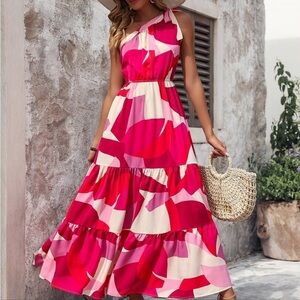 Boho vacation asymmetrical collar hot pink